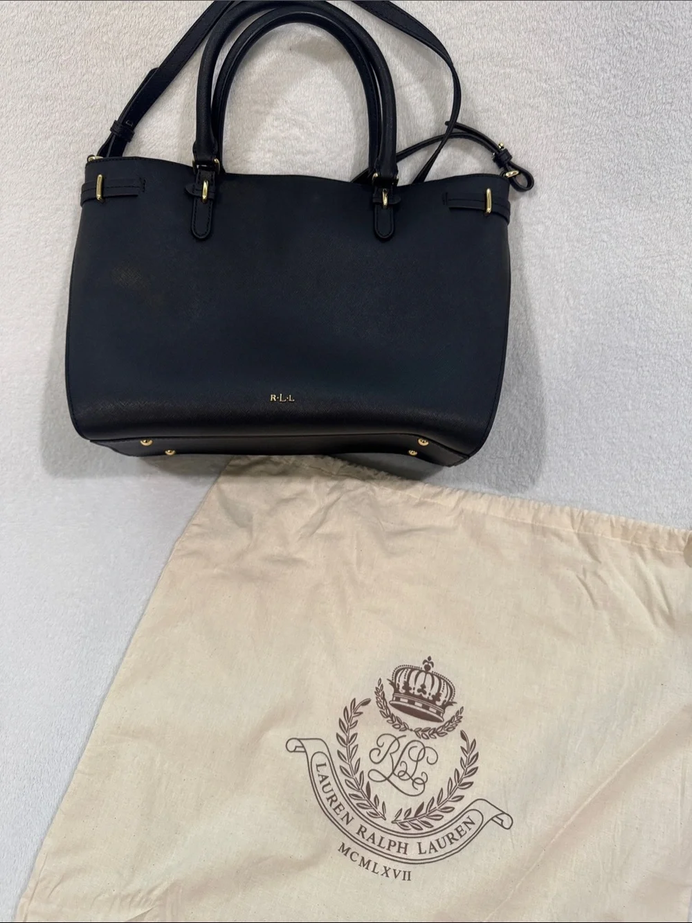 Lauren Ralph Lauren Navy Leather Satchel with Gold Accents